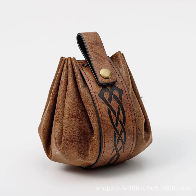 メンズ ウエストバッグ 男性用 バイキングスタイル 中世 ヨーロッパ レトロ調 亀裂模様 レザー 巾着 コインケース 深棕色 ブラック デイリー