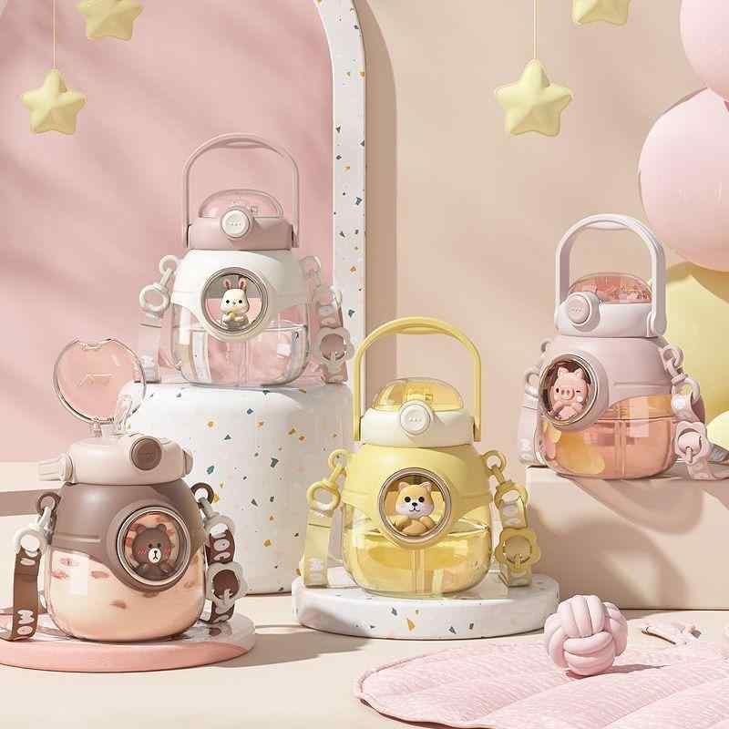 水筒 男女兼用 子供 大容量 プラスチック製 ストロー付き タンブラー 950ml 1100ml 黄色 犬 白 ウサギ ..