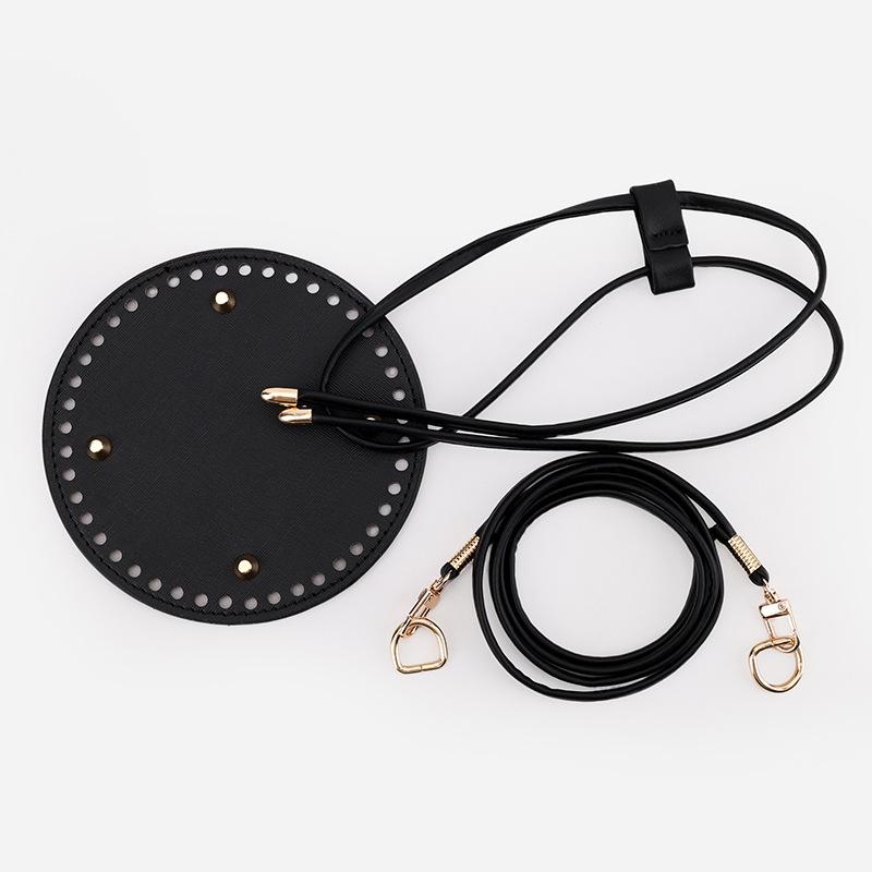 バッグ パーツ DIY 手作り 編み込み バッグ用 底板 巾着 肩紐 3点セット PUレザー ブラック ベージュ シルバー ブラウン ゴールド 無地 減圧 欧美風 レトロ