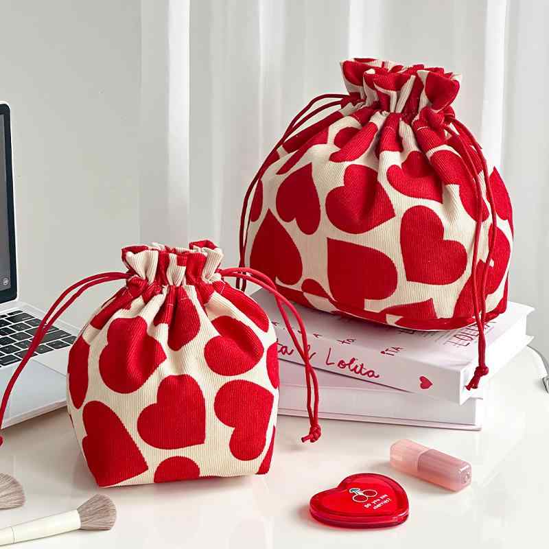 化粧ポーチ レディース 旅行用 収納バッグ 巾着袋 コーデュロイ ハート柄 プリント 大容量 整理整頓 かわいい おしゃれ