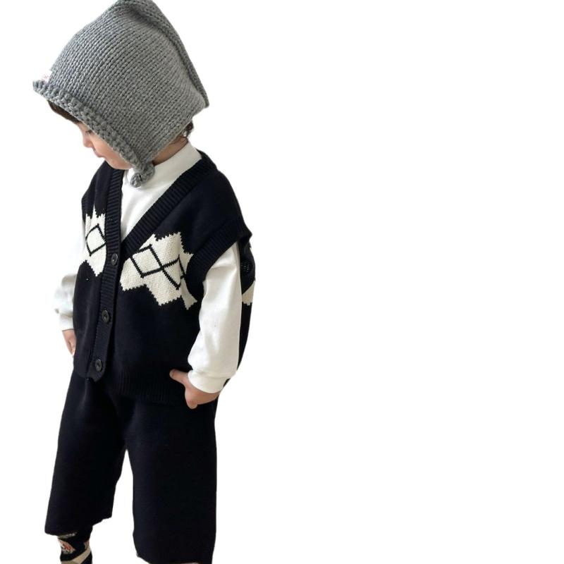帽子 キッズ グレー ニット帽 黒白 格子柄 バッグ リュックサック 保温性 通気性 秋冬