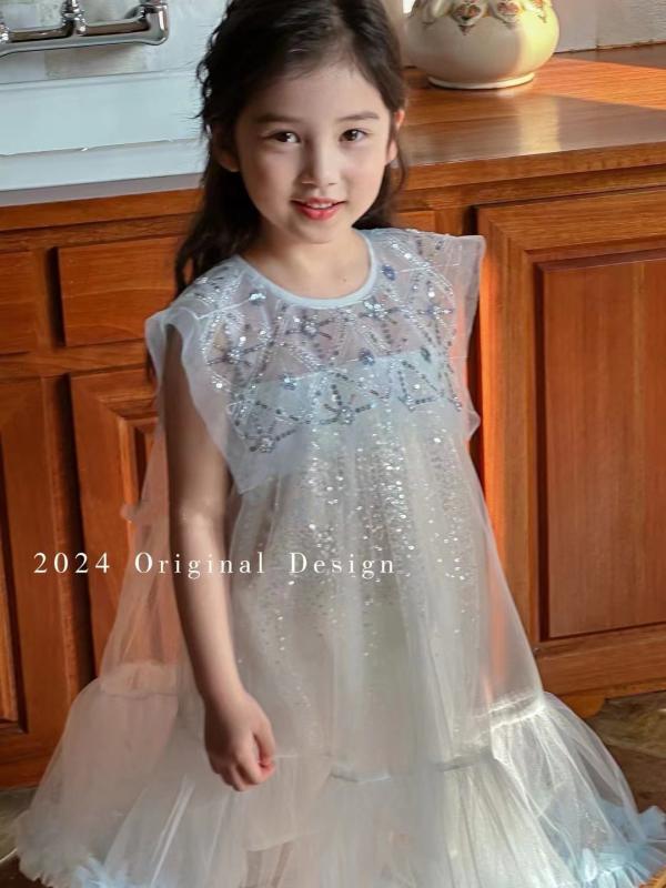 ワンピース 女の子 子供 チュール 春夏 フリル 接触冷感 プリンセススタイル アイボリー