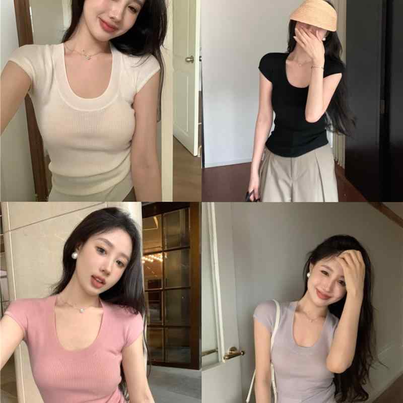 ニット・セーター レディース 半袖 薄手 Uネック 無地 スリムフィット トップス プリンセススリーブ カ..