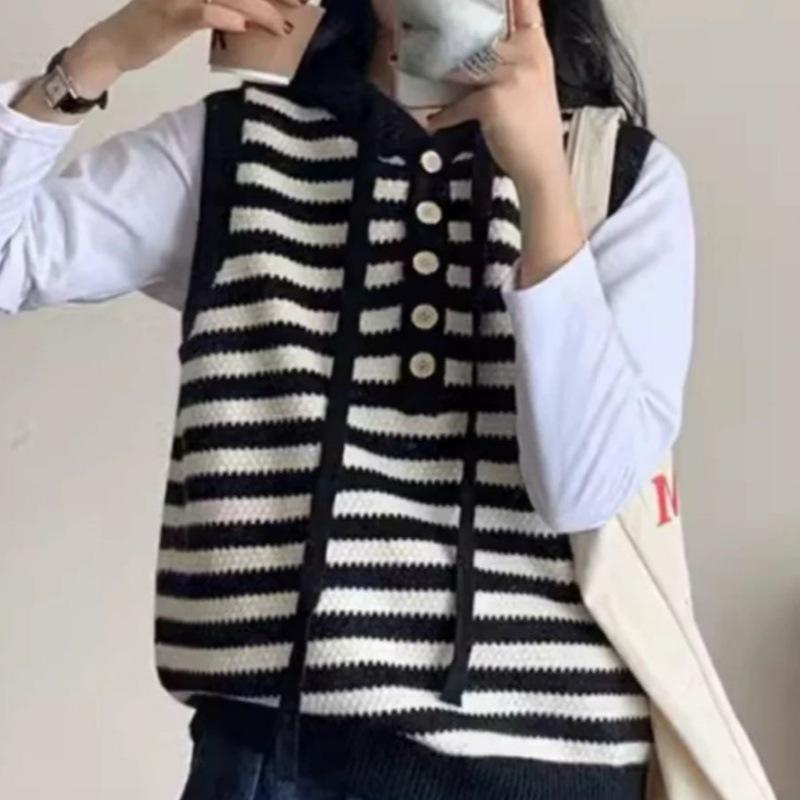 ニット レディース 秋冬 ストライプ ベスト パーカー フード付き アクリル ポリエステル レイヤード ノ..