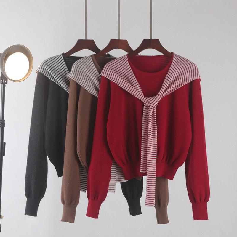 ニット レディース 春秋 ストライプ 切り替え マリンカラー リボン付き フード付き トップス ニットソ..