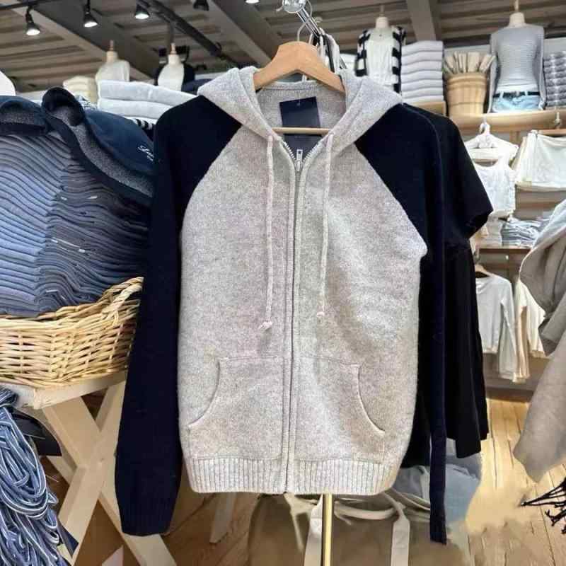カーディガン レディース ニット カーディガン 配色 切り替え ジップアップ パーカー 長袖 トップス コットン 混紡 秋物 カジュアル きれいめ 紺色 ネイビー グレー