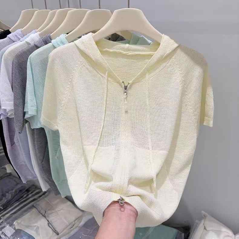 カーディガン レディース 半袖 ニット 接触冷感 無地 フード付き トップス 薄手 ゆったりサイズ 黄色 ブルー ホワイト グレー グリーン..