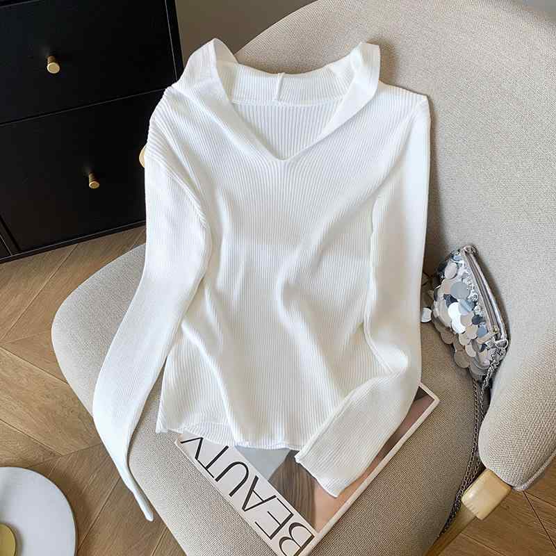 Tシャツ レディース 春物 ニット カットソー 長袖 フード付き 無地 トップス プルオーバー 白 ホワイト..