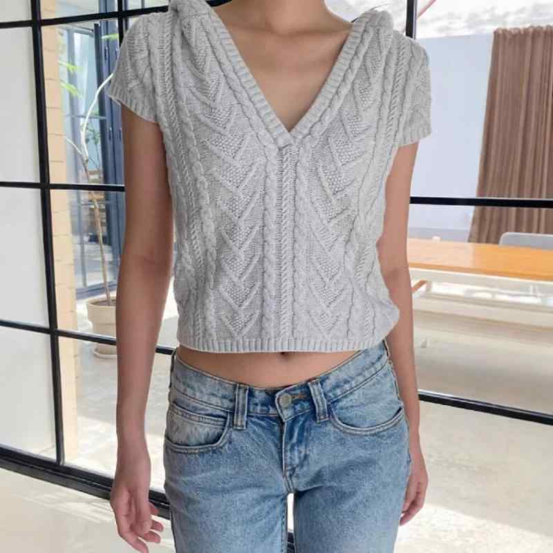 ニット レディース Vネック 7分袖 ショート丈 ケーブル編み 薄手 ブルー系 グレー系 コットン混紡 トッ..