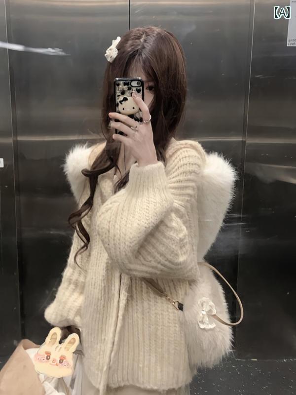 セーター ニット レディース 柔らかい アプリコット 色の フード 付き ファーカラー セーター。 秋 冬..