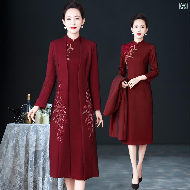 チャイナ ドレス スカート 秋 冬 高級 ウェディングドレス、 ミモレ 丈 コート、 チャイナ ドレス、 ウェディング 義母 ドレス セット
