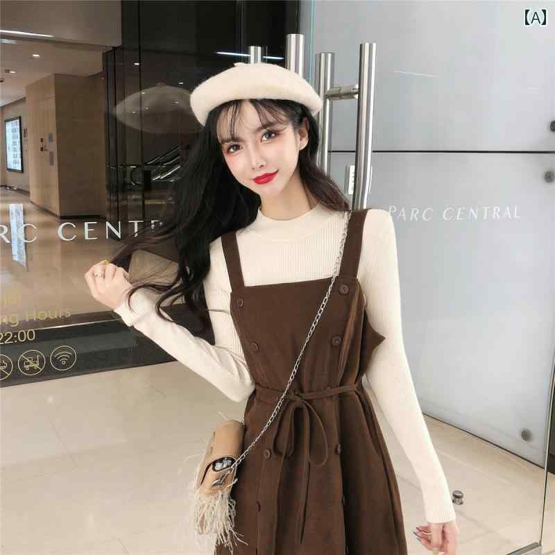 オーバーオールドレス コーデュロイ サスペンダー ドレス レディース 2024 秋 冬 ファッション スリミング ウエスタンスタイル サスペンダー ドレス ロング スカート ツーピース スーツ