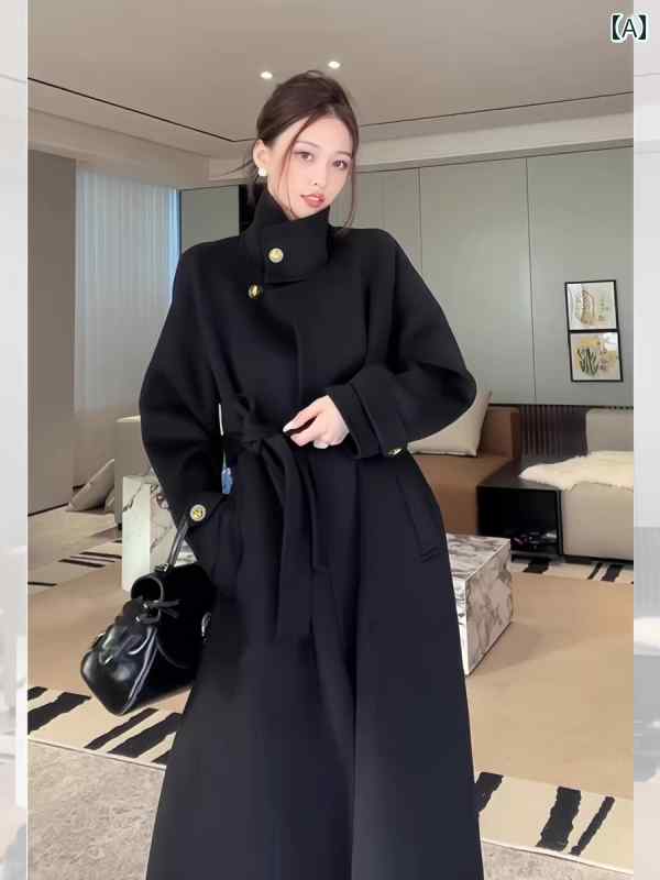 カシミヤコート レディース ミドル丈 2025年 秋 冬 新作 ブラック 両面 カシミヤコート レディースベル..