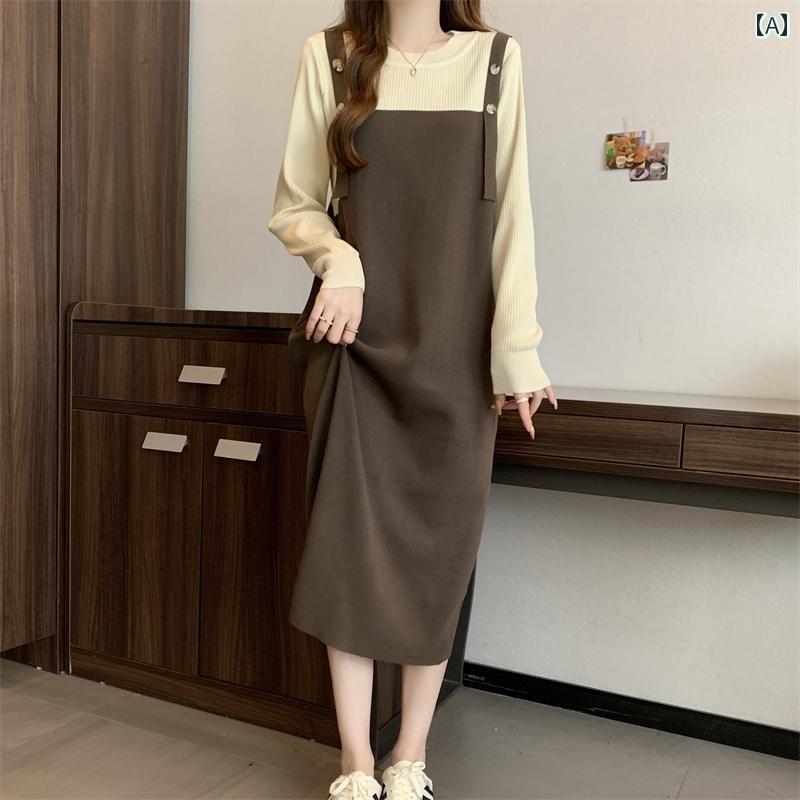 オーバーオールドレス 秋 冬用の レディース用 フェイク ツーピース サスペンダー ドレス。 太めの mmで 細く 見え、 お腹も カバー。 コートと ロング ...