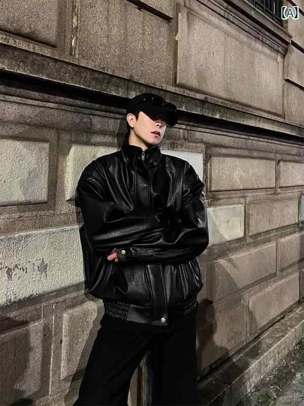 メンズレザージャケットメンズ メンズ 秋 冬 ライチ 柄 レトロ バイク ソフト レザージャケット アメリ..