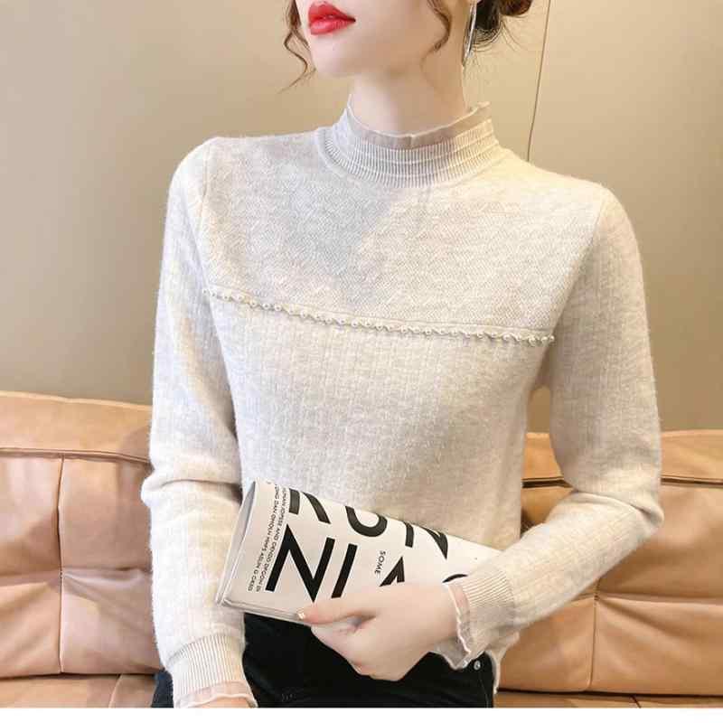 ニット レディース 秋冬 トップス 2024 秋 冬 レース 半ハイネック チュニック 長袖 プルオーバー ポリ..