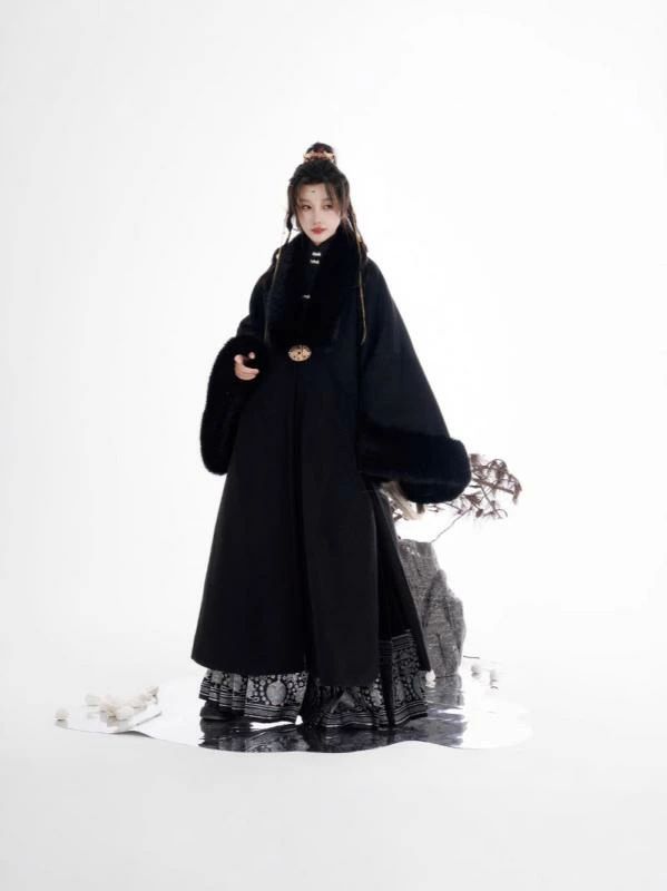 チャイナドレス レディース 明制 漢服風 ブラック 毛? アウター 冬服 新中式 着物風 コート 暖かい ポリエステル95% 金属装飾