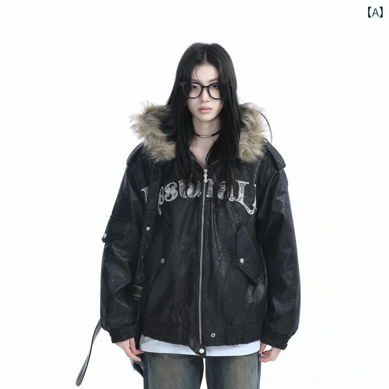 パーカーコート レディース 冬 アメリカン 毛皮 ファー フード付 PU レザー ジャケット コットン アウ..