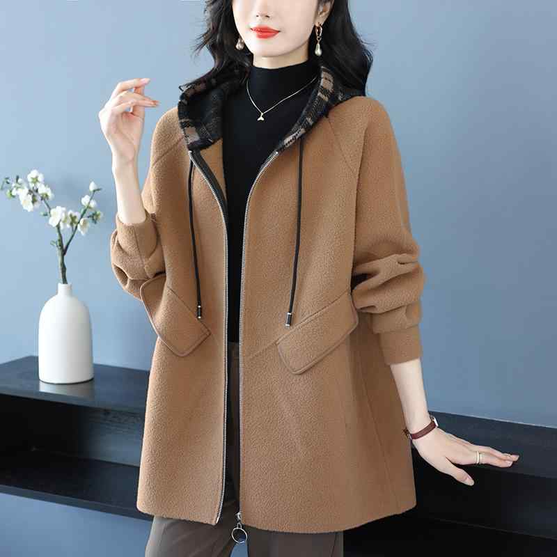 ジャケット ショートコート 中年 母親 秋冬 フード付き ウール レディース ミディアム ロング 大きめサイズ ゆったり ミセス向け 体型カバー おしゃれ カジュアル 上品 レジャー 休日 ママ友 デイリー(4)