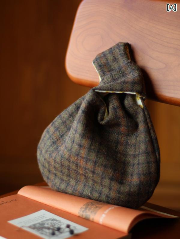 和風バッグ メンズ レディース ハンド バック プリント 秋冬 ウール チェック柄 英国風 レトロ 文学的 ..