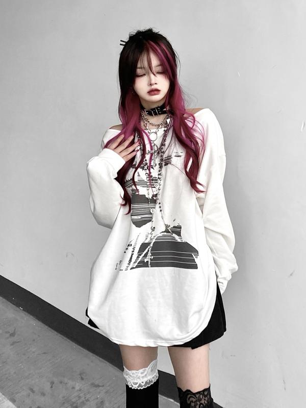 レディース オフショルダー 斜め 長袖 プルオーバー チェーンストラップ アニメーション ホワイト 長袖..