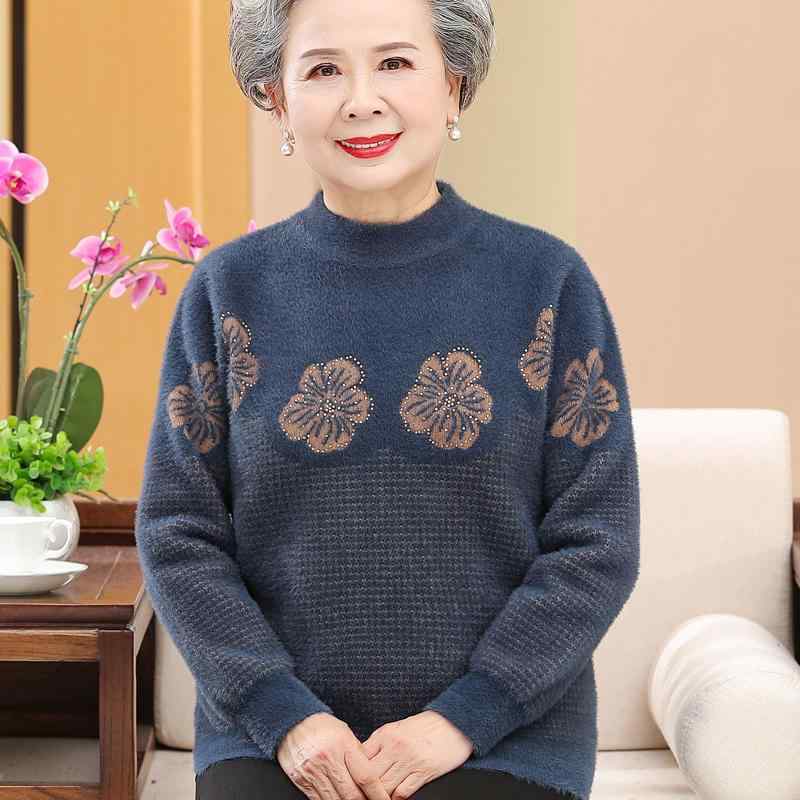 婦人服 おばあちゃん セーター ニット素材 厚手お母さん 選べるカラー 花モチーフ ハーフハイネック ...