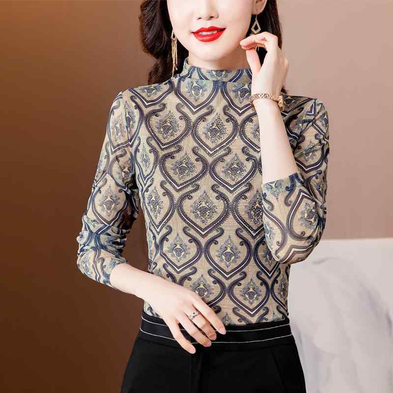 レディース トップス 秋冬 女性 母 ママ カジュアル メッシュ プリント 裏起毛 シャツ 長袖 ハーフハイ..