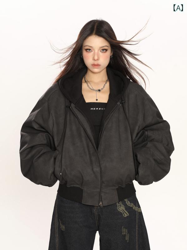 ジップアップ ジャンパー ヘビー ウェイト 二重層 フェイク レイヤード フード付 レザー ジャケット コットン レディース アウター 秋冬 オーバーサイズ カップル フライト クール メンズライク