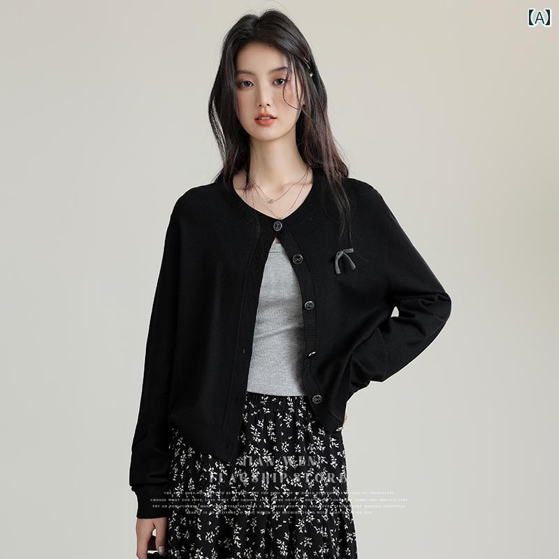 カーディガン 秋冬 服 上着 リボン 長袖 ニット ブラック レディース ラウンド ネック セーター 黒 ア..