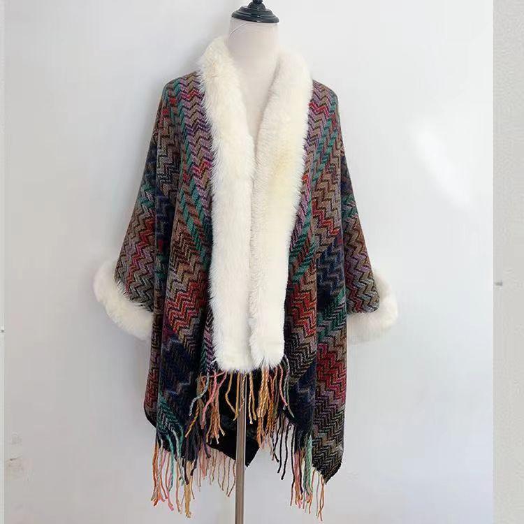 ポンチョ レディース 女性用 春秋冬 民族調 エスニック レッキスラビットファー ファー襟 フリンジ ツ..