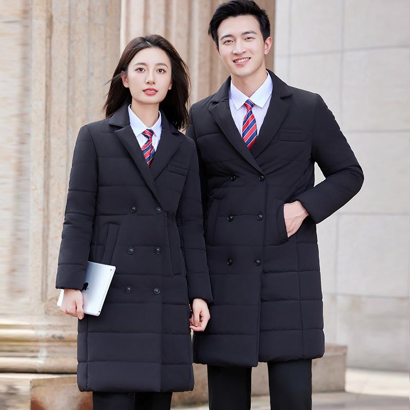 中綿ジャケット 男女兼用 黒 テーラードカラー ダブルボタン ロング丈 冬用 防寒 ビジネス 通勤 作業着 制服 ユニフォーム ポリエステル 無地 イージーケア...