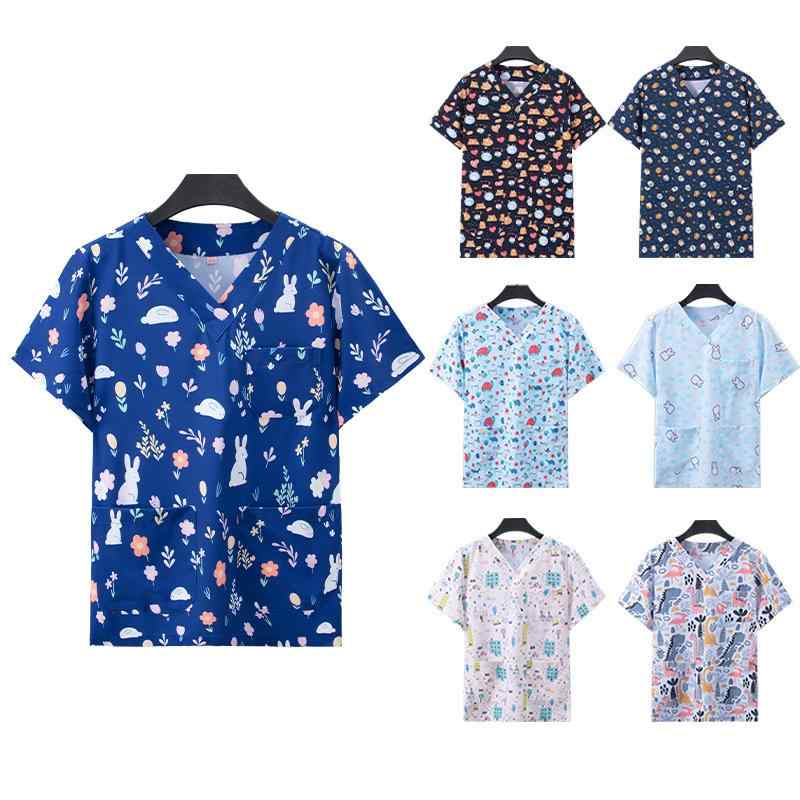 スクラブ 男女兼用 ユニセックス プリント 柄入り 半袖 Vネック 吸湿速乾 医療用ユニフォーム 医師 看..