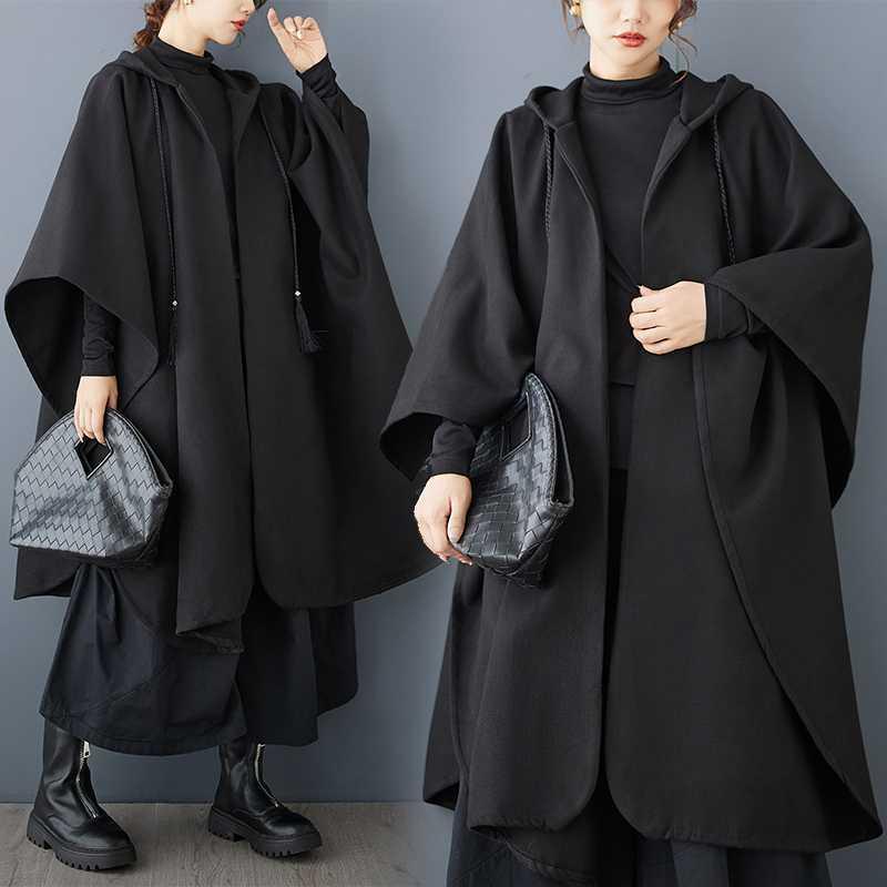 アウター レディース 秋冬 フード付き ケープコート ドルマンスリーブ 大きいサイズ ゆったり オーバーサイズ ブラック 変形 アシンメトリー レトロ モード ウール調 メルトン調(4)