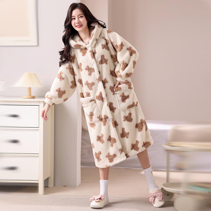 ルームウェア レディース 秋冬 パジャマ フランネル サンゴフリース もこもこ 厚手 あったか 襟付き 長袖 長ズボン ロング ガウン セットアップ クマ柄 かわいい プリンセス風 快適 リラックス(4)