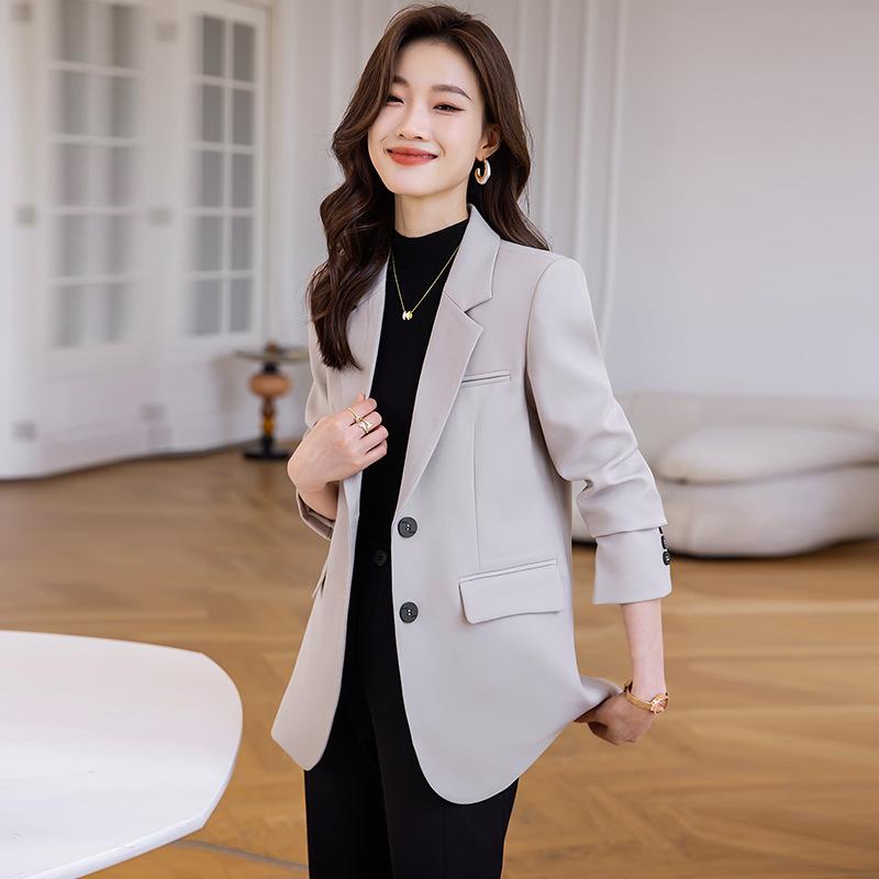 テーラードジャケット レディース アプリコットグレー 無地 長袖 スリムフィット ポリエステル ストレ..