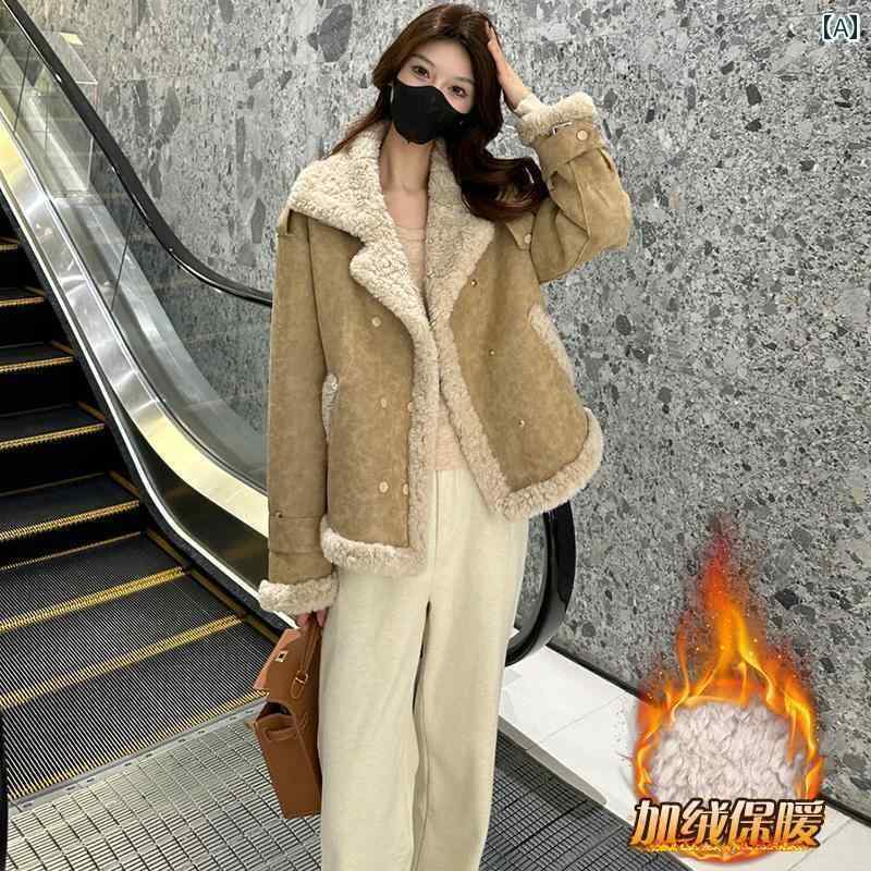 レディース トップス オシャレ 高級 ラムウール ショート コート 女性用 秋冬 毛皮 一 体型 バイクウェ..