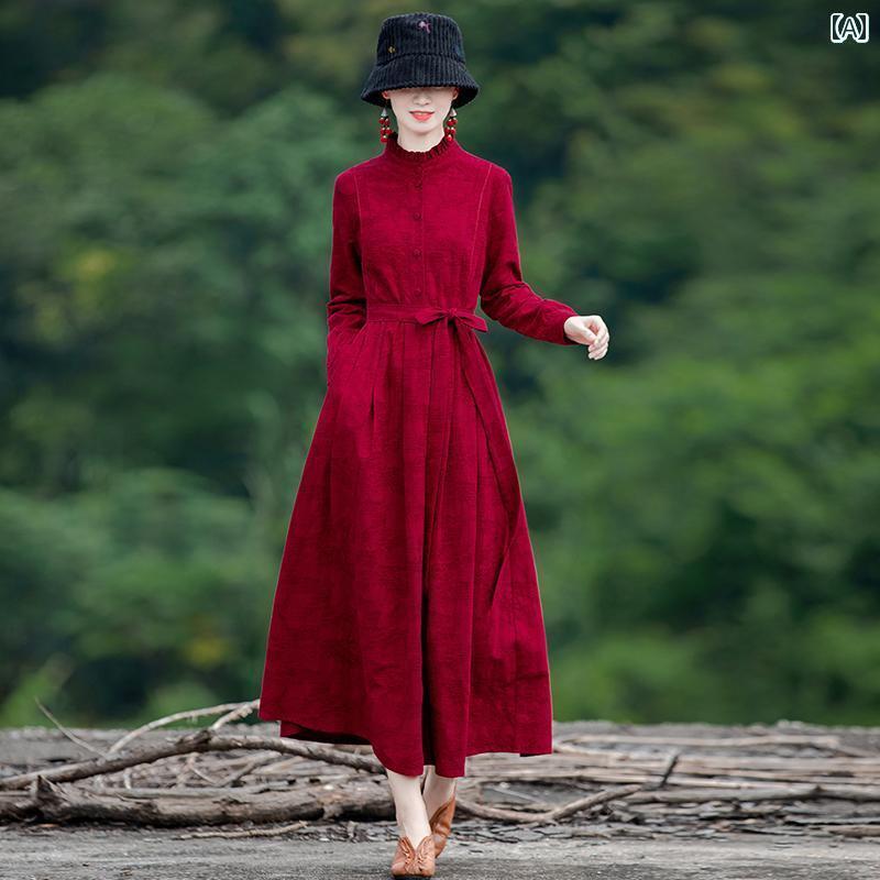 レディース ワンピース 英 瑞 依 宇 民族 風 コットンリネン ワンピース レディース 秋服 新型 文芸 復..