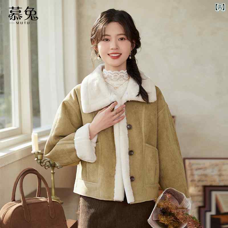 レディース ファッション ピンク スエード 裏起毛 ジャケット 女性 冬 毛皮 ワンピース 厚手 オートバ..