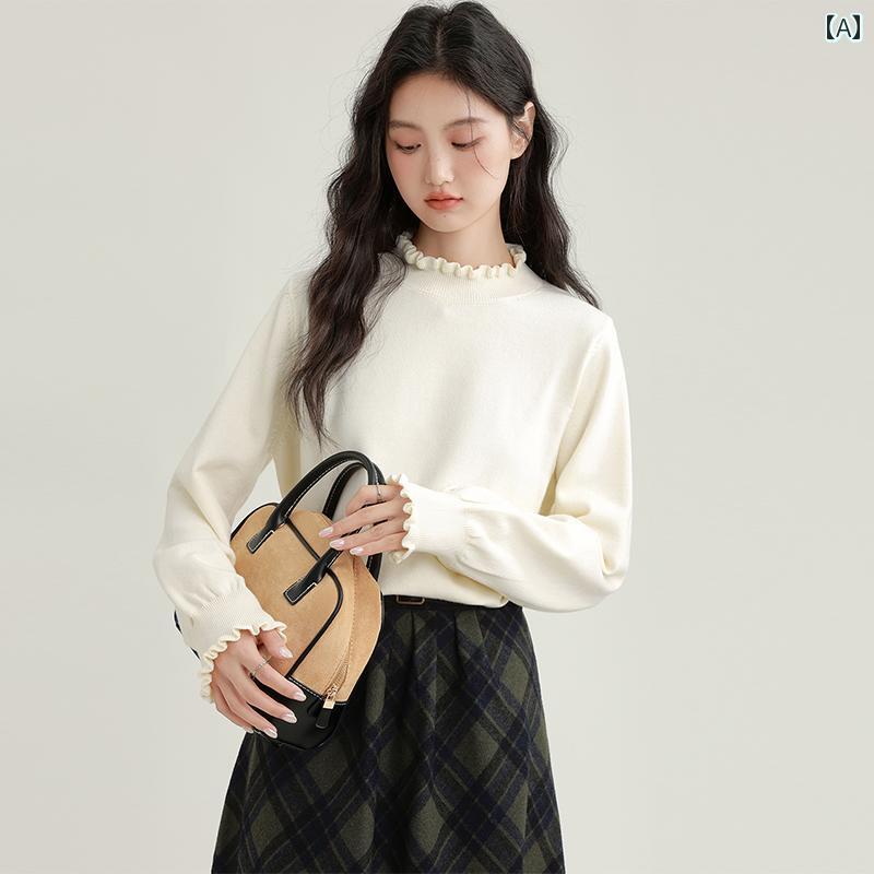 セーター 春秋冬服 ハーフ タートル ネック レイヤリング インナー ニット 薄地 清楚 アイボリー 丸首 ..