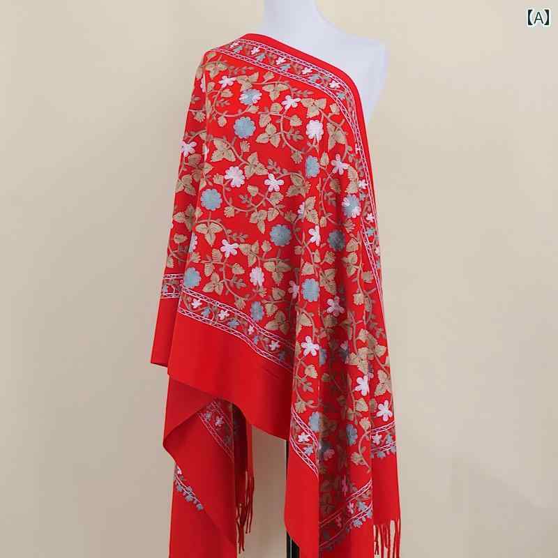 レディース 大判スカーフ ショール 長方形 エスニック刺繍プリント ウイングル 小さめ花柄 暖かい カラ..