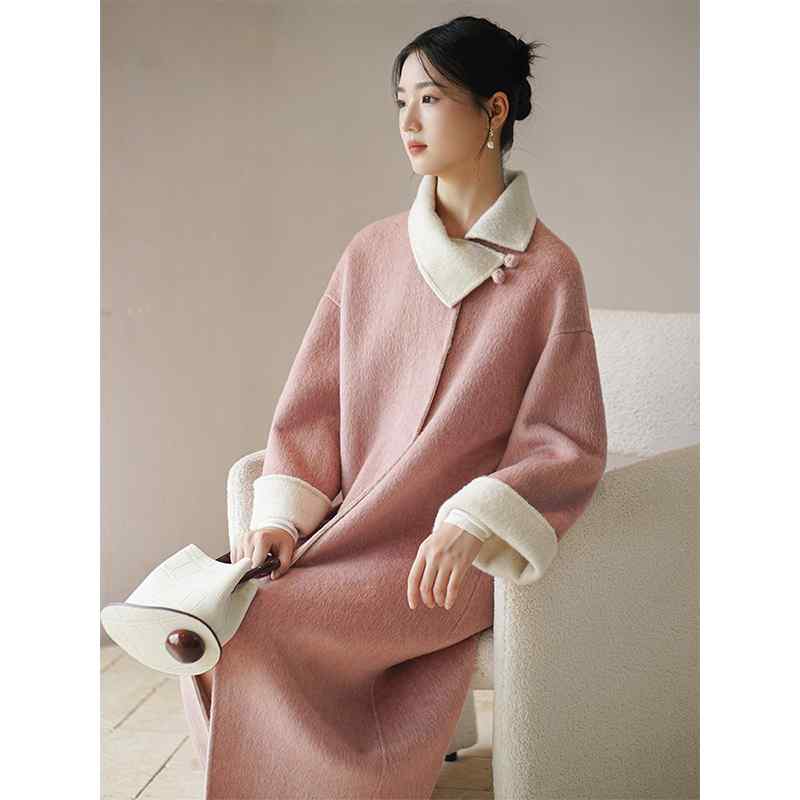 コート レディース 冬 ウール ファッション エスニック 両面 女性 ピンク バックル 中華風 ロング