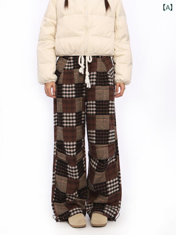 アメリカン パンツ レディース ドローストロング ハイウエスト チェック ポケット 冬 ズボン ワイドレ..