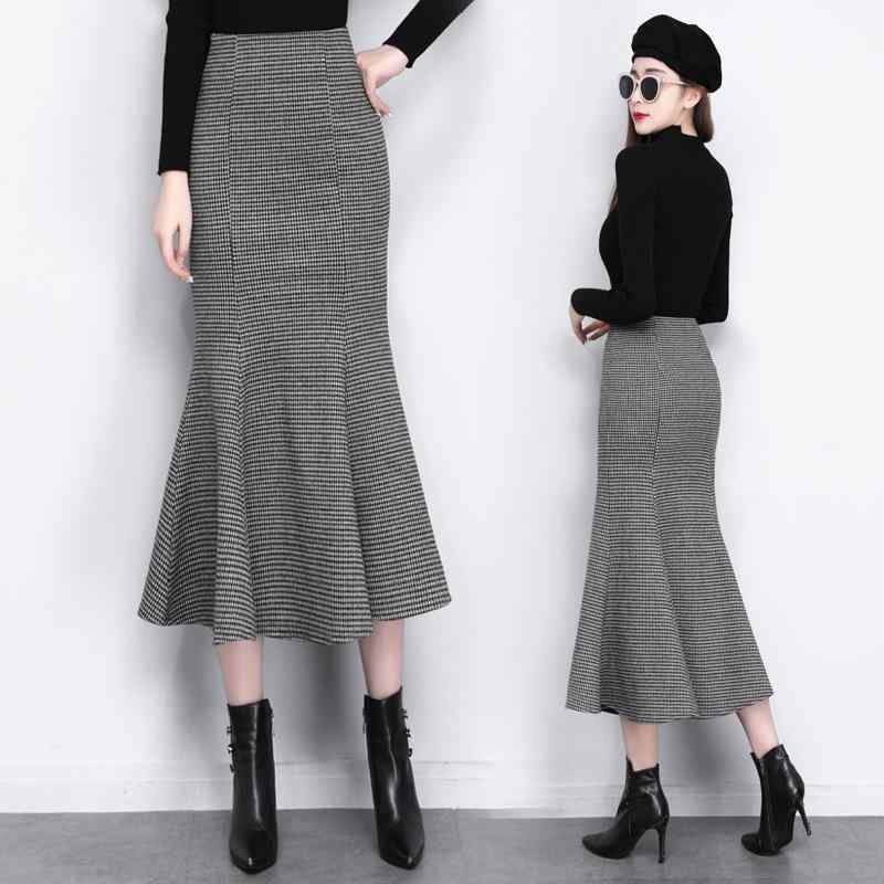 スカート レディース 秋 冬 ニット ウール チェック柄 ミドル丈 大きいサイズ レトロ バッグ ヒップ フ..