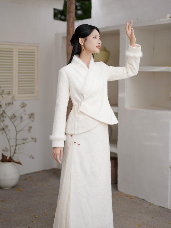 ドレス レディース 秋 冬 チャイナ 清楚 新 中国 韓服 トップス 女性 新 ショート 暖かい クロス 襟 レトロ スーツ