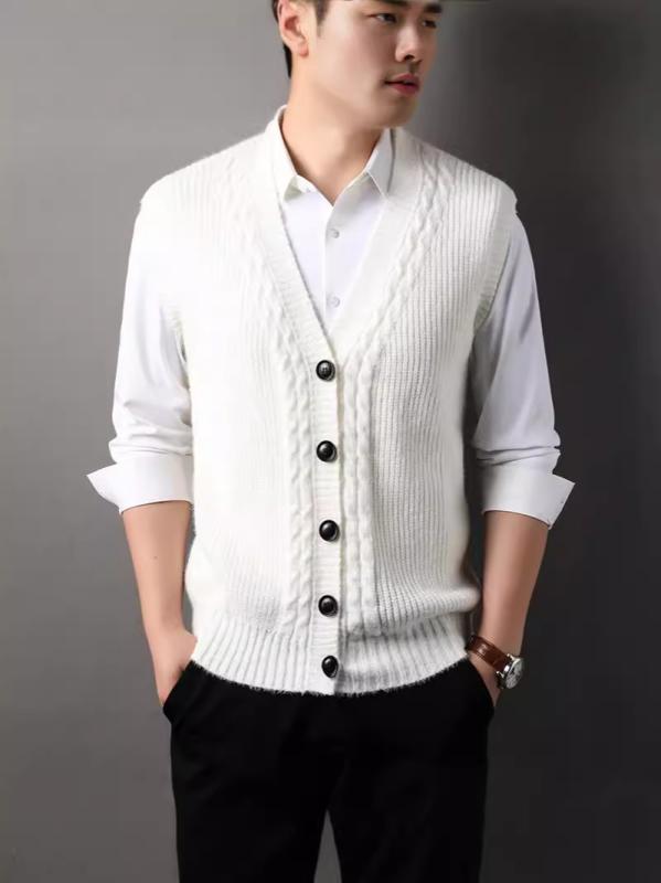 ベスト メンズ ケーブル編み ノースリーブ Vネック ゆったり ポリエステル 秋冬 カジュアル インナー 重ね着 ファッション おしゃれ ジレ 白 グレー 黒