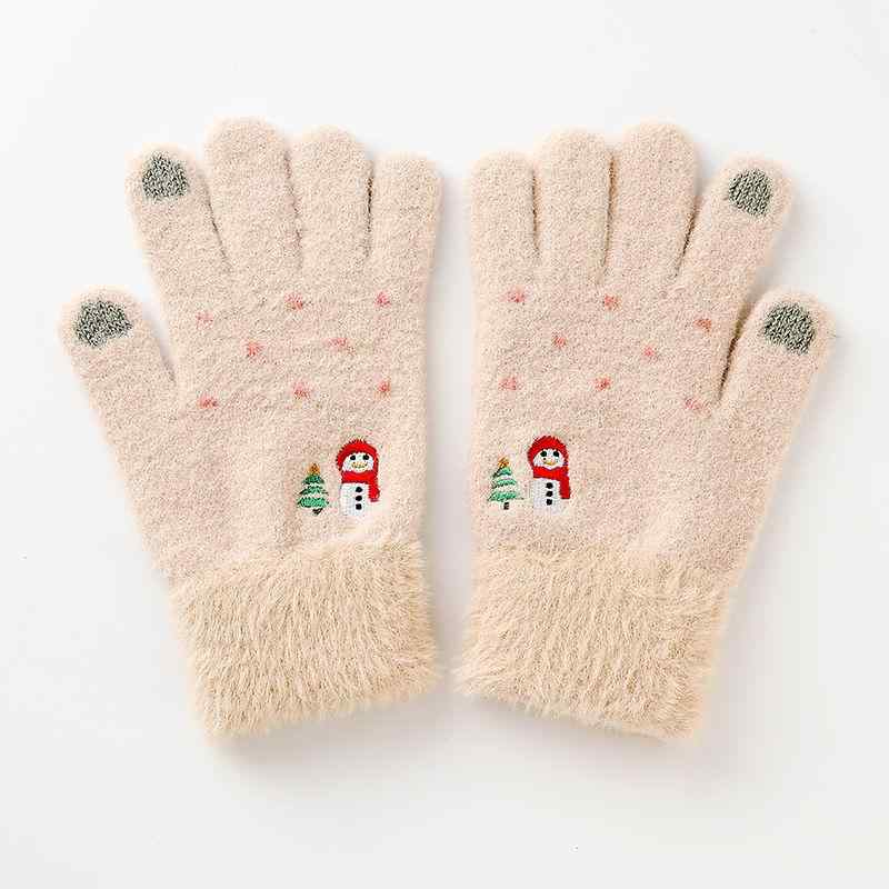 手袋 グローブ レディース 学生 スマホ対応 ウール 5本指 刺繍 雪だるま ニット 暖かい 屋外 サイクリング 冬 ピンク パープル グレー