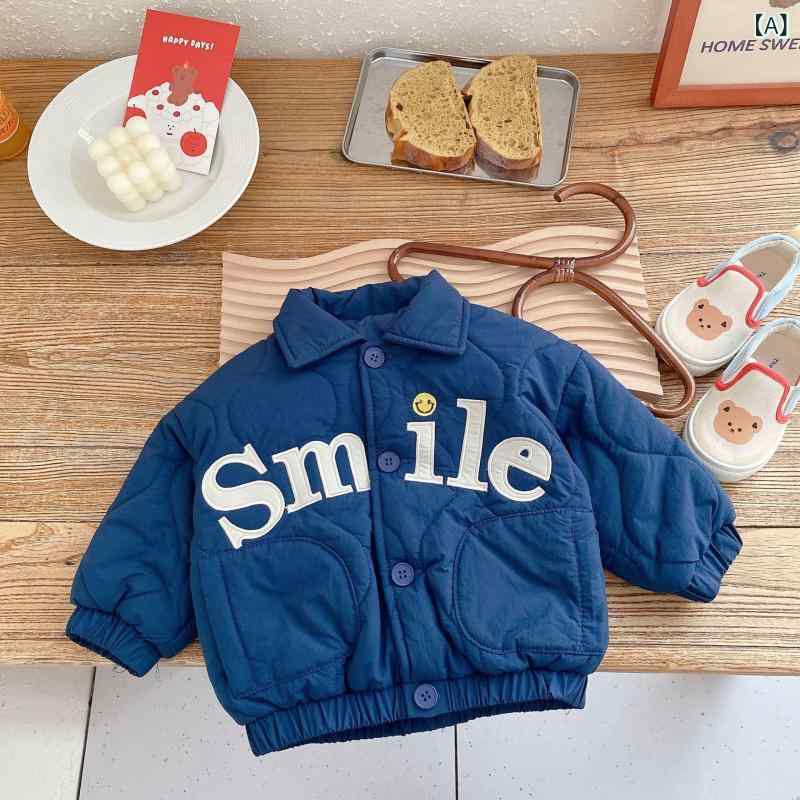 キッズ 男の子 中綿ジャケット アルファベット柄 厚手 防寒 冬用 アウター ポリエステル素材 暖かい おしゃれ カジュアル 韓国風 通園 通学 普段使い ブル...