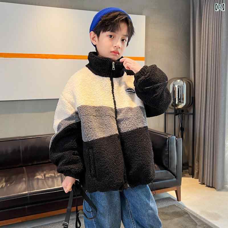 ジャケット 男の子 キッズ ジュニア アウター 秋冬 暖かい 厚手 ボア もこもこ フリース 綿 コットン 襟付き 長袖 ブラック ダークブルー おしゃれ 通学...