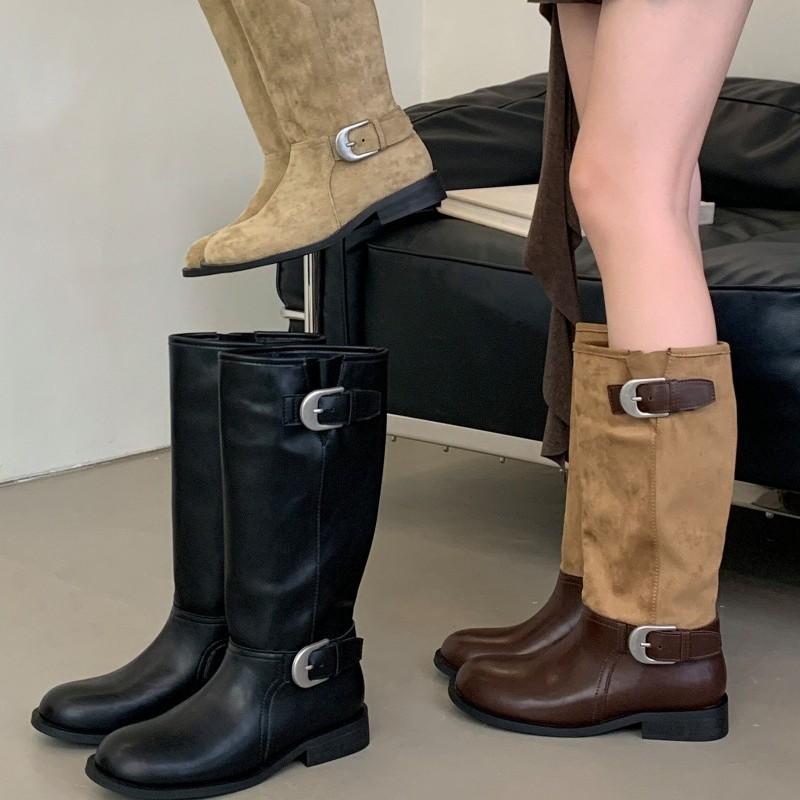 レディース 冬用 ロングブーツ 本革 レザー 厚底 チャンキーヒール スクエアトゥ ワイド筒 ゆったり筒..