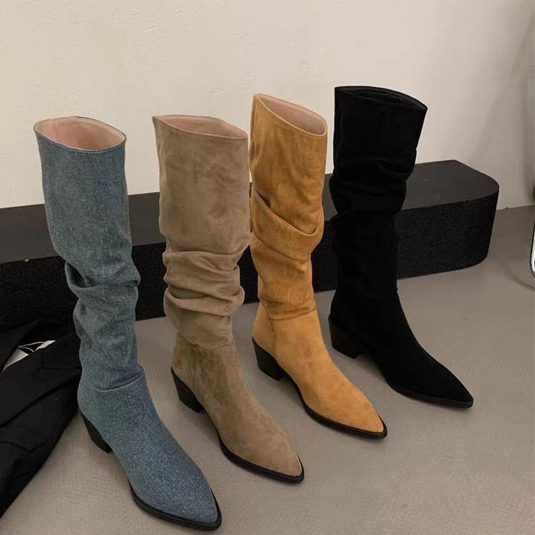 ロングブーツ レディース 女性用 フレンチレトロ 韓国風 ウェスタン カウボーイブーツ クシュクシュブ..